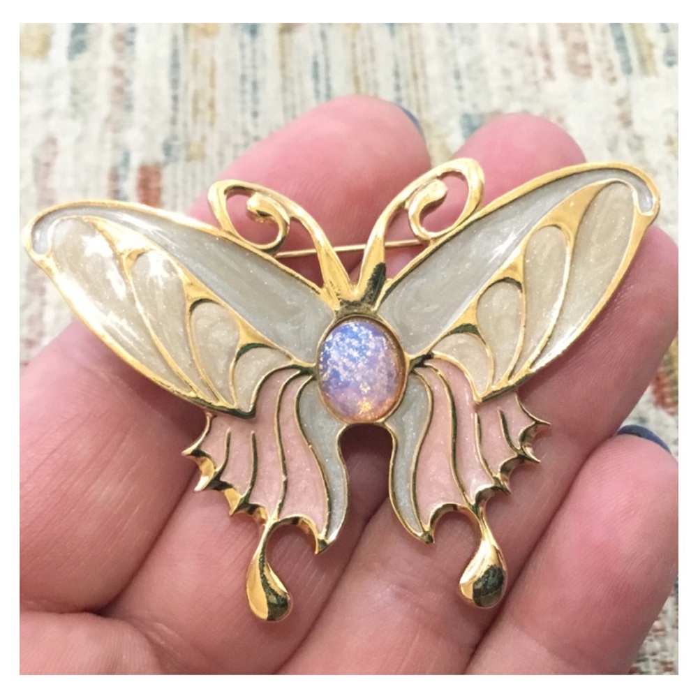 Beautiful Large 3 Tone Swirl Enamel Opal Cabochon Gold Butterfly Brooch - Picture 2 of 10